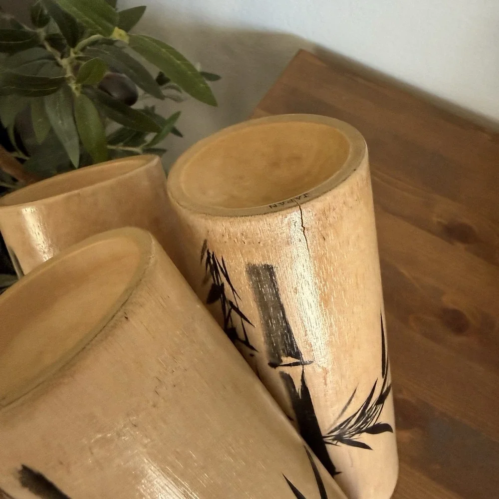 Set of 5 Vintage 60s Japanese Hand Brush Painted Natural Bamboo Cups Vases Decor